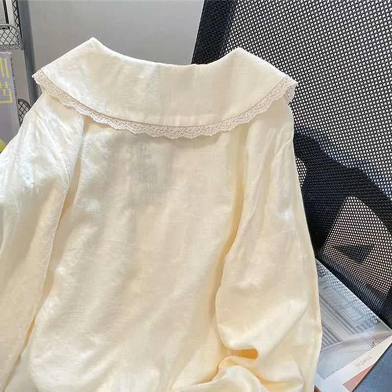 Apricot Lace Floral Peter Pan Collar Blouse Loose Long Sleeve Casual Shirt for Women