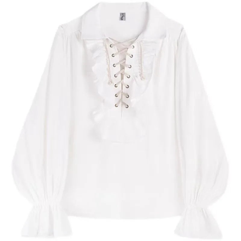 Victorian Gothic Renaissance Lace-Up Ruffled Blouse Women's Pirate Poet Medieval Top
