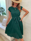 Elegant Summer Pleated Midi Sundress – Short Sleeve O-Neck Casual Beach Tunic (Solid Colors)
