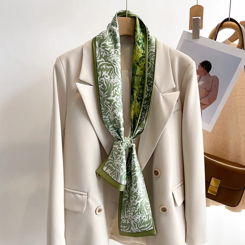 Women's Silk-Feel Printed Long Narrow Scarf 12 x 148 cm (4.7 x 58.3 in) - 50+ Colors | Headband & Shawl