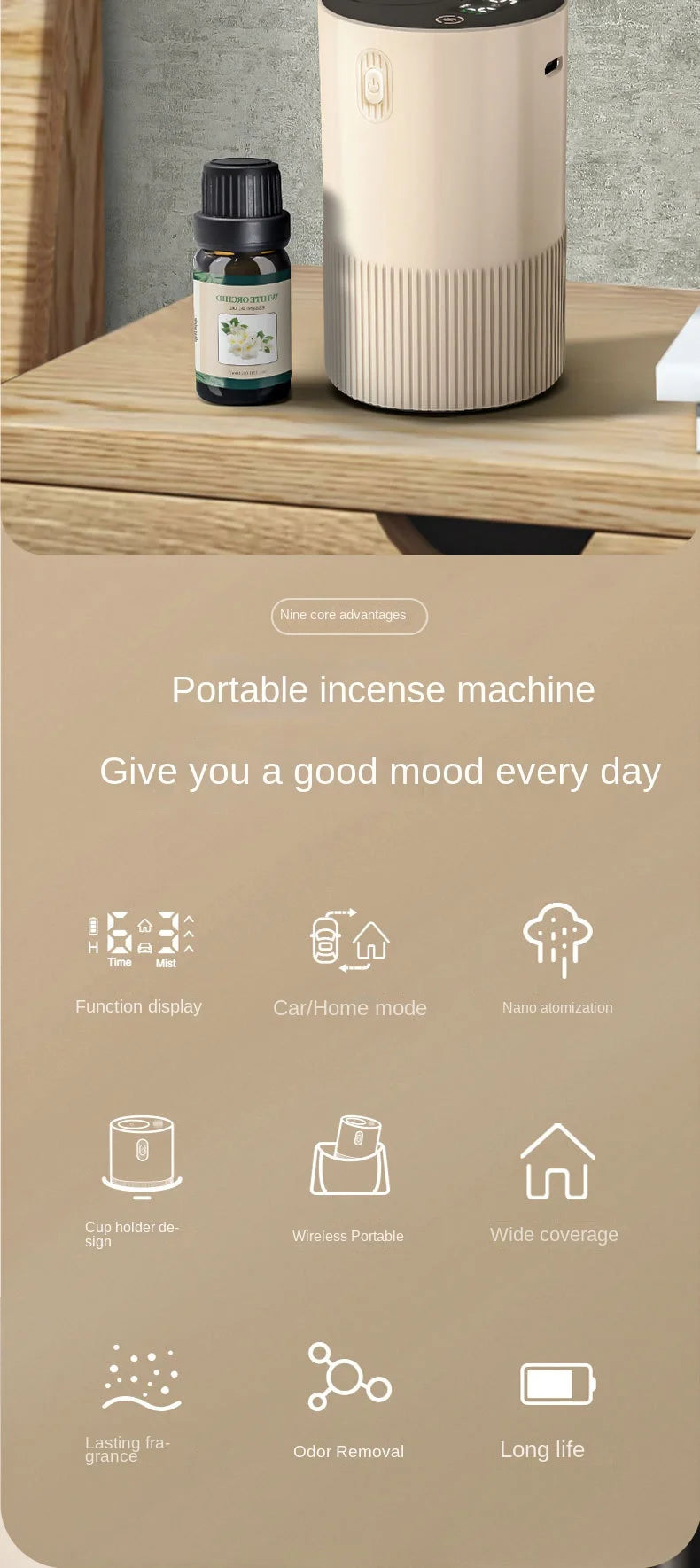 Waterless Portable Essential Oil Diffuser – Cordless USB Rechargeable, Battery-Operated for Car, Office & Home