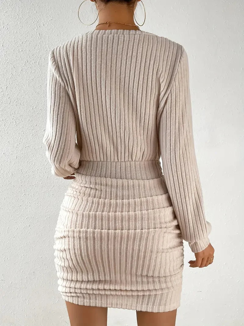 Women's Knit Sweater Mini Dress V-Neck Long Sleeve Bodycon Casual Warm