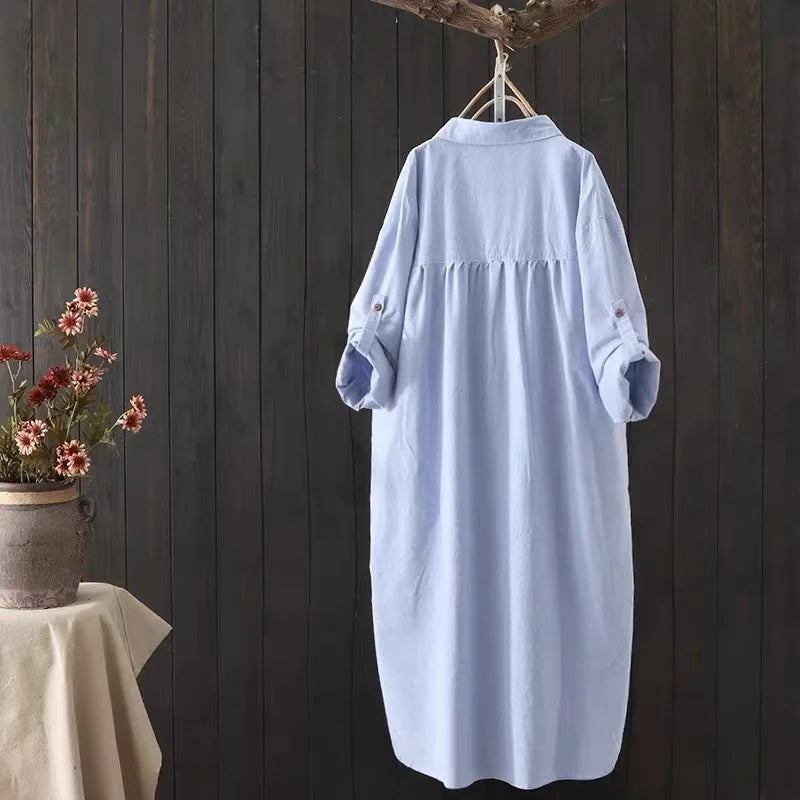 Embroidered Long White Blouse Loose Floral Office Top