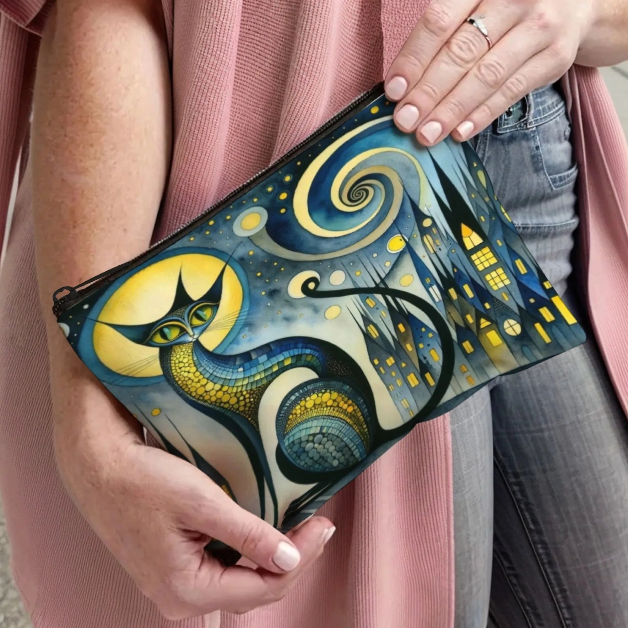 Retro Cat Art Makeup Bag – Women's Multifunctional Zipper Cosmetic Pouch & Jewelry Organizer