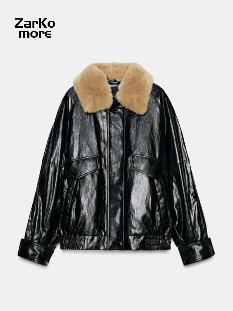 Women's Faux Fur Collar Padded Leather Jacket with Zipper Pockets - Warm Winter Coat