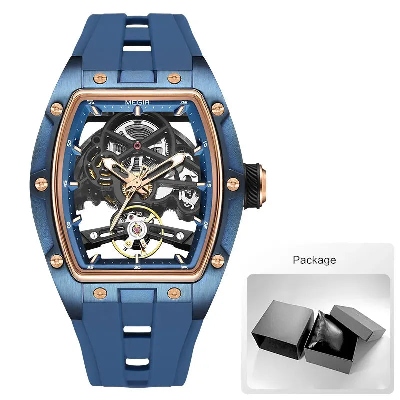 MEGIR Automatic Mechanical Men's Skeleton Watch 40-44mm (1.57-1.73 in) Stainless Steel Tonneau Case Silicone Strap 3ATM Water Resistant