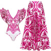 Women's Long Sleeve Majolica Print Bikini Set with High-Waist Skirt - Wire-Free Padded Beach Swimsuit