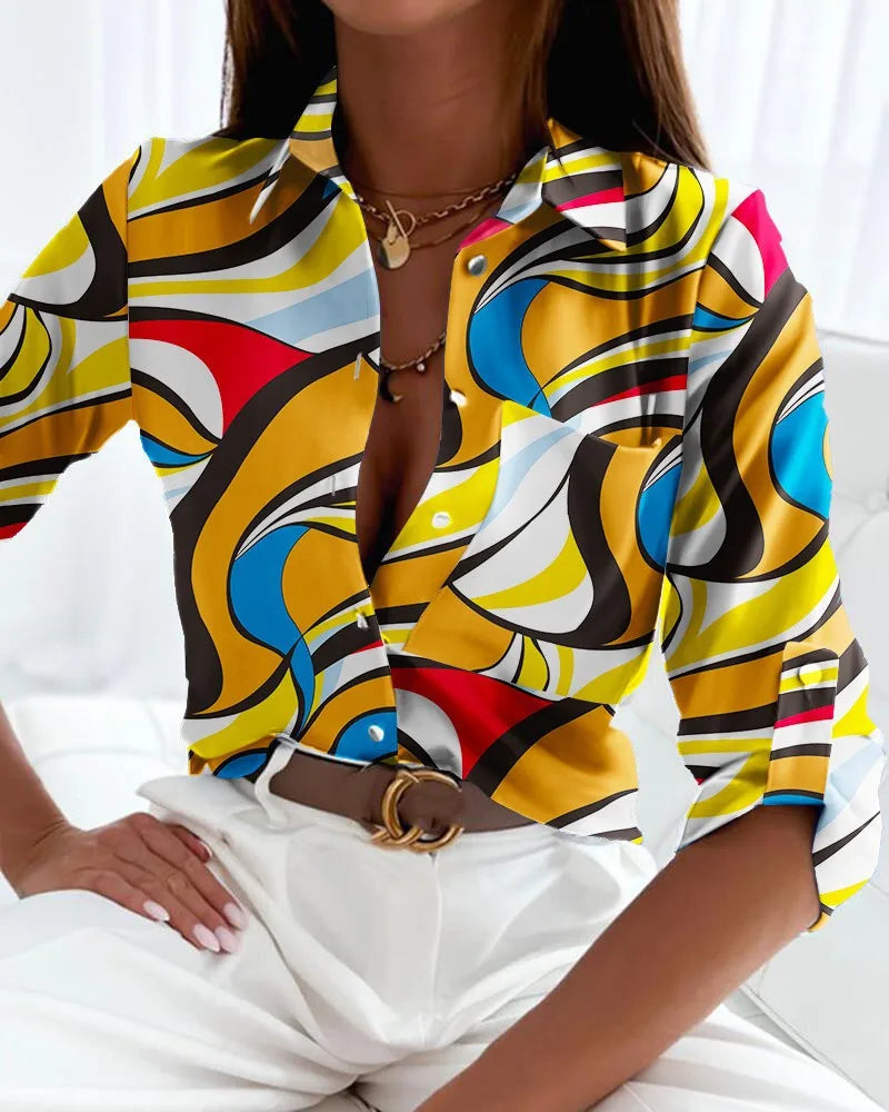 Women's Long Sleeve Lapel Slim Printed Blouse - Casual Office Chic Multicolor