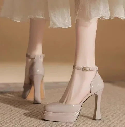 Women's Waterproof Patent PU Platform Sandals – 11 cm (4.3") Chunky Heel, Buckle Strap, White, EU 35-42