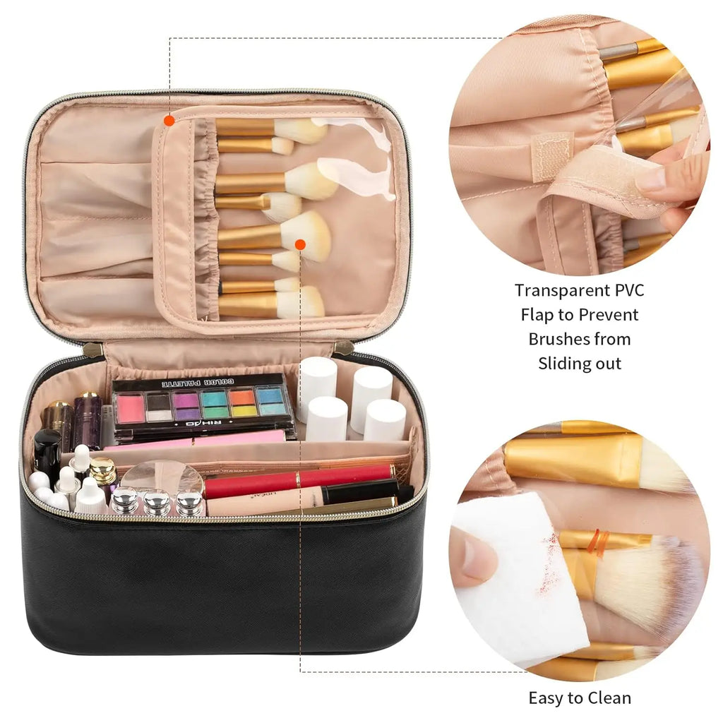 Large Capacity Travel Makeup Bag – Portable Black Cosmetic Case Organizer with Brush Slots & Handle