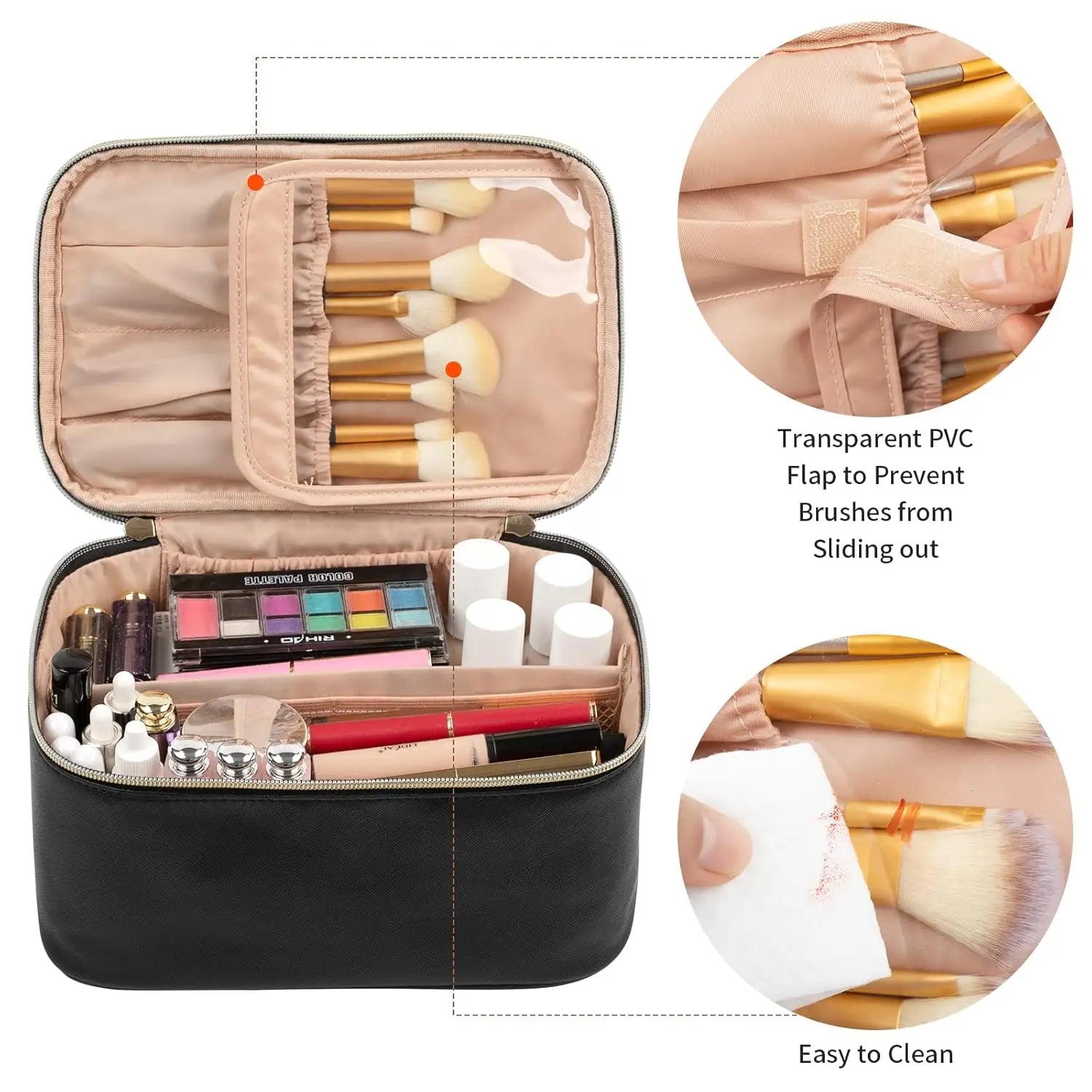 Large Capacity Travel Makeup Bag – Portable Black Cosmetic Case Organizer with Brush Slots & Handle