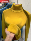 Velvet Lined Turtleneck Sweater Slim Knit Pullover for Women Warm Winter Korean Style
