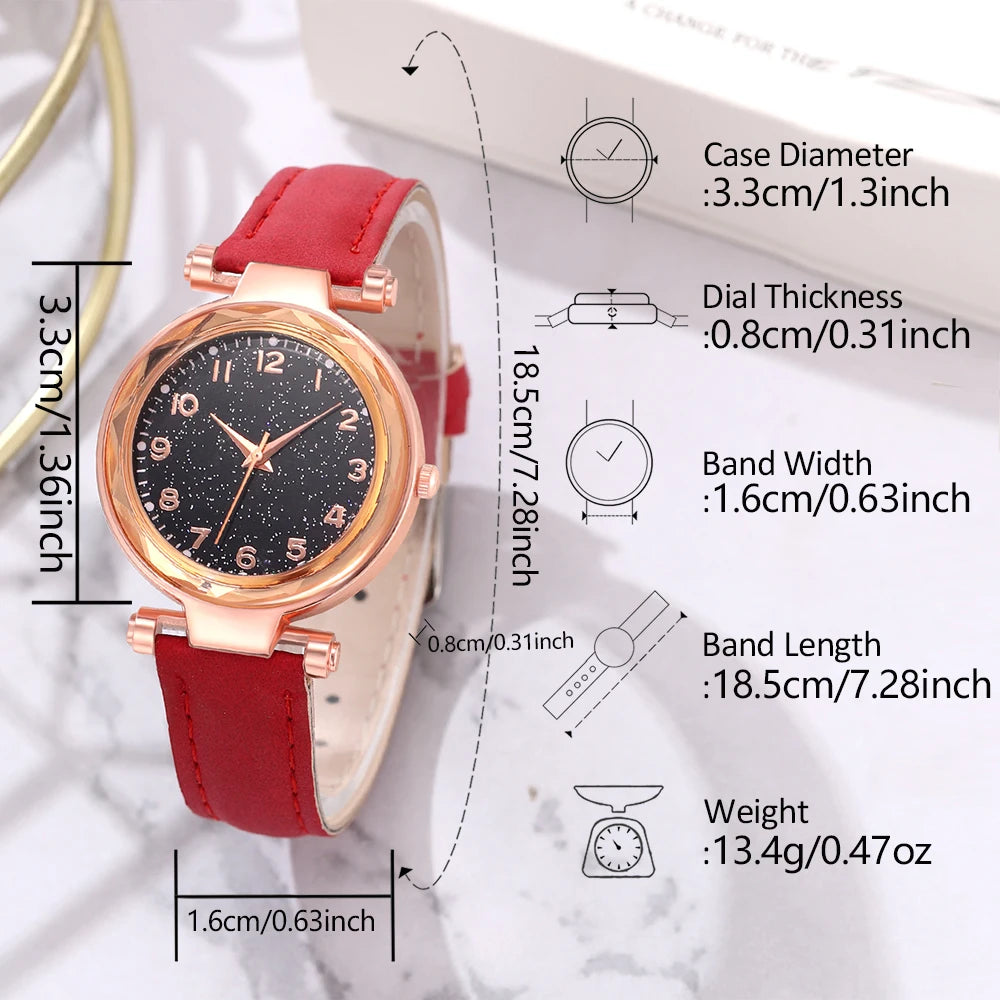 6-Piece Red Women’s Watch & Cherry Jewelry Gift Set – Minimalist Quartz Watch with Leather Strap