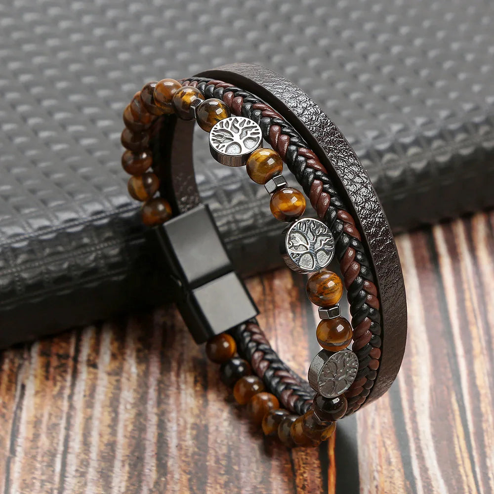 Classic Tiger Eye Beaded Multi-Layer Leather Bracelet for Men — Magnetic Clasp, Punk Style (19/21/23 cm | 7.5/8.3/9.1 in)