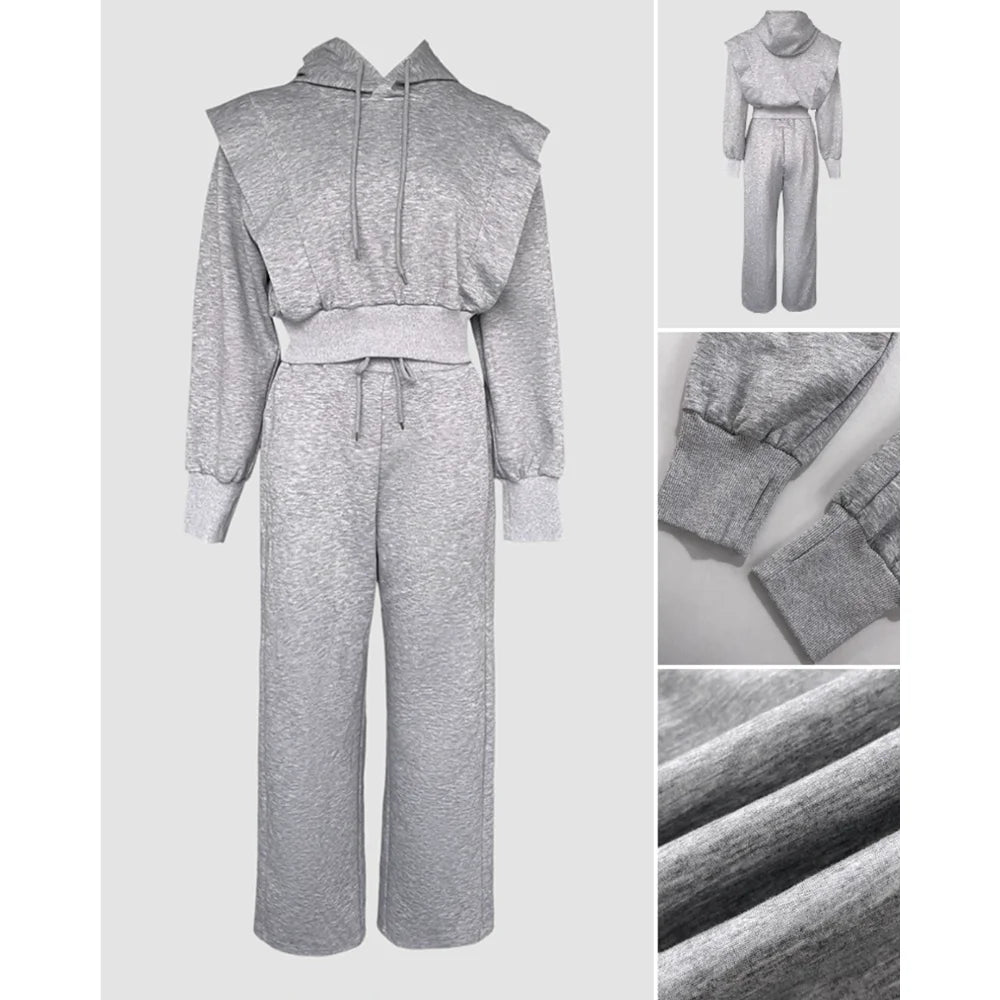 Women's Two-Piece Tied-Detail Hooded Long-Sleeve Sweatshirt & Wide-Leg Sweatpants Set - Casual Autumn/Winter Loungewear