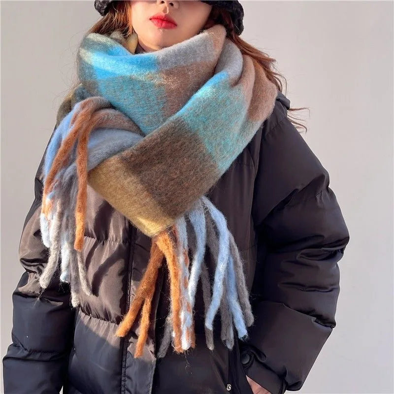 Women's Winter Thick Plaid Pashmina Scarf - Soft Polyester Shawl Wrap, 175+ cm (69+ in) Fuzzy Tassel