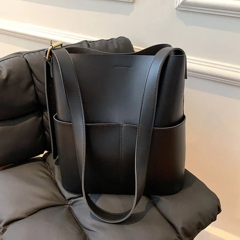 Women's PU Leather Bucket Shoulder Bag - Vintage Casual Luxe Handbag for Fall & Winter