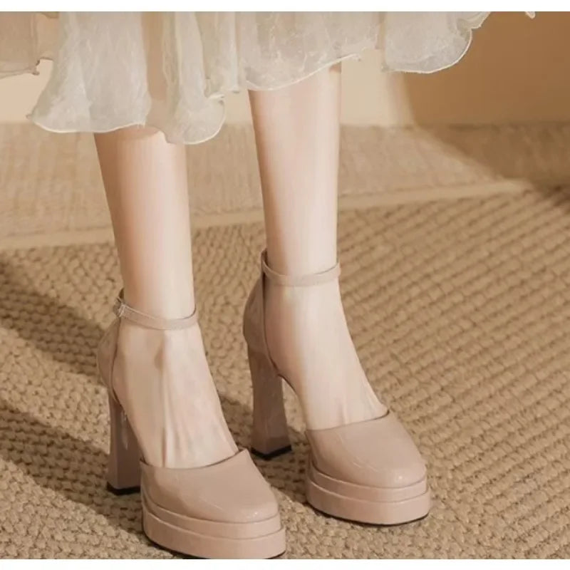 Women's Waterproof Patent PU Platform Sandals – 11 cm (4.3") Chunky Heel, Buckle Strap, White, EU 35-42