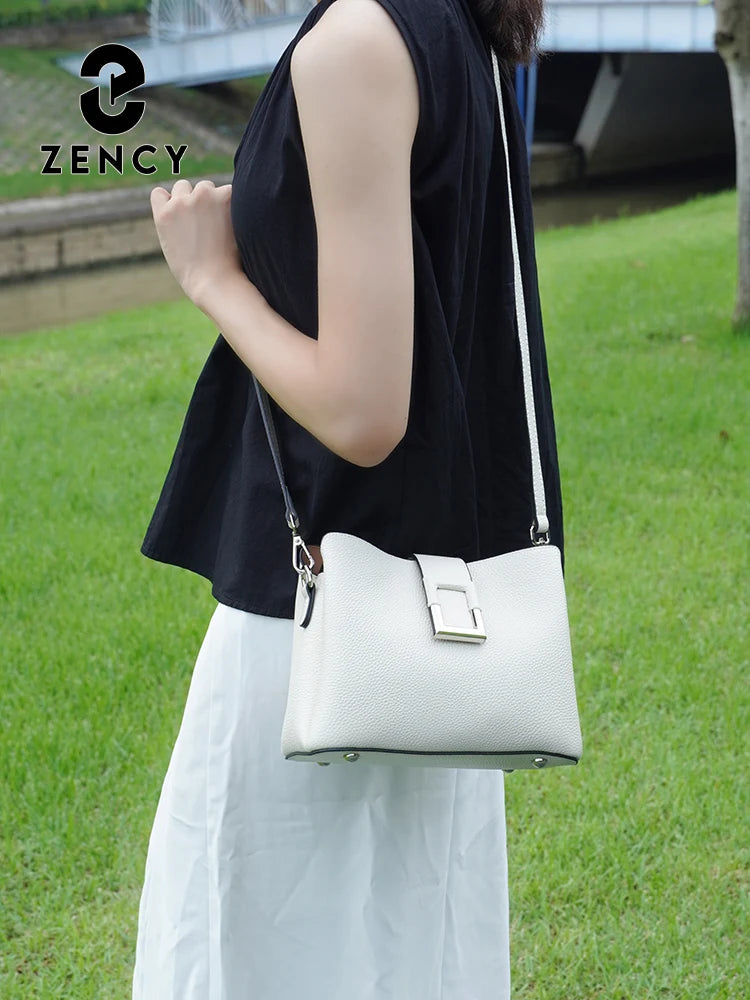 ZENCY Genuine Leather White Bucket Tote Shoulder Bag - Women's Designer Shopper Crossbody
