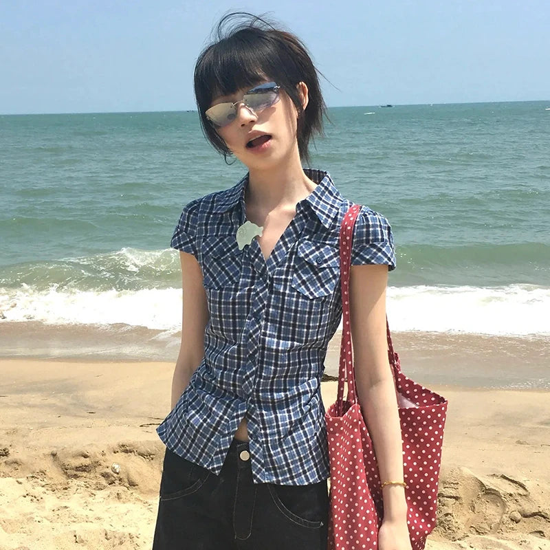 Y2K Plaid V-Neck Short Sleeve Shirt Harajuku Korean Vintage Blouse for Women