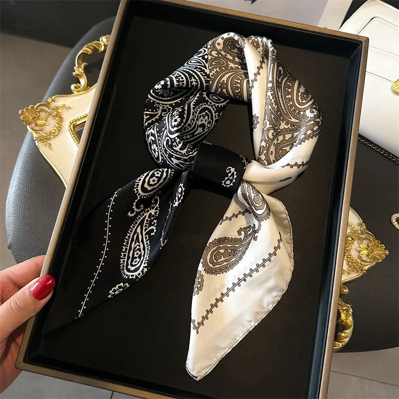 Luxury Square Silk-Feel Scarf 70 x 70 cm (27.6 x 27.6 in) Korean Fashion Floral Bandana Kerchief Wrap
