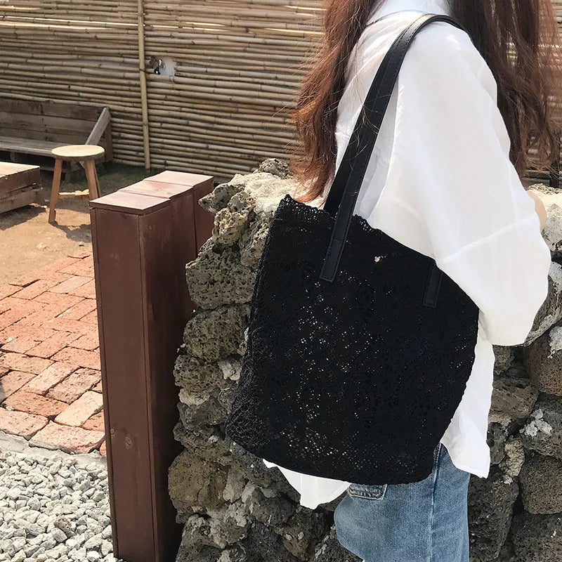 Lace Bucket Shoulder Bag for Women – Korean Straw Tote Beach Handbag, Elegant Summer Shoulder Bag
