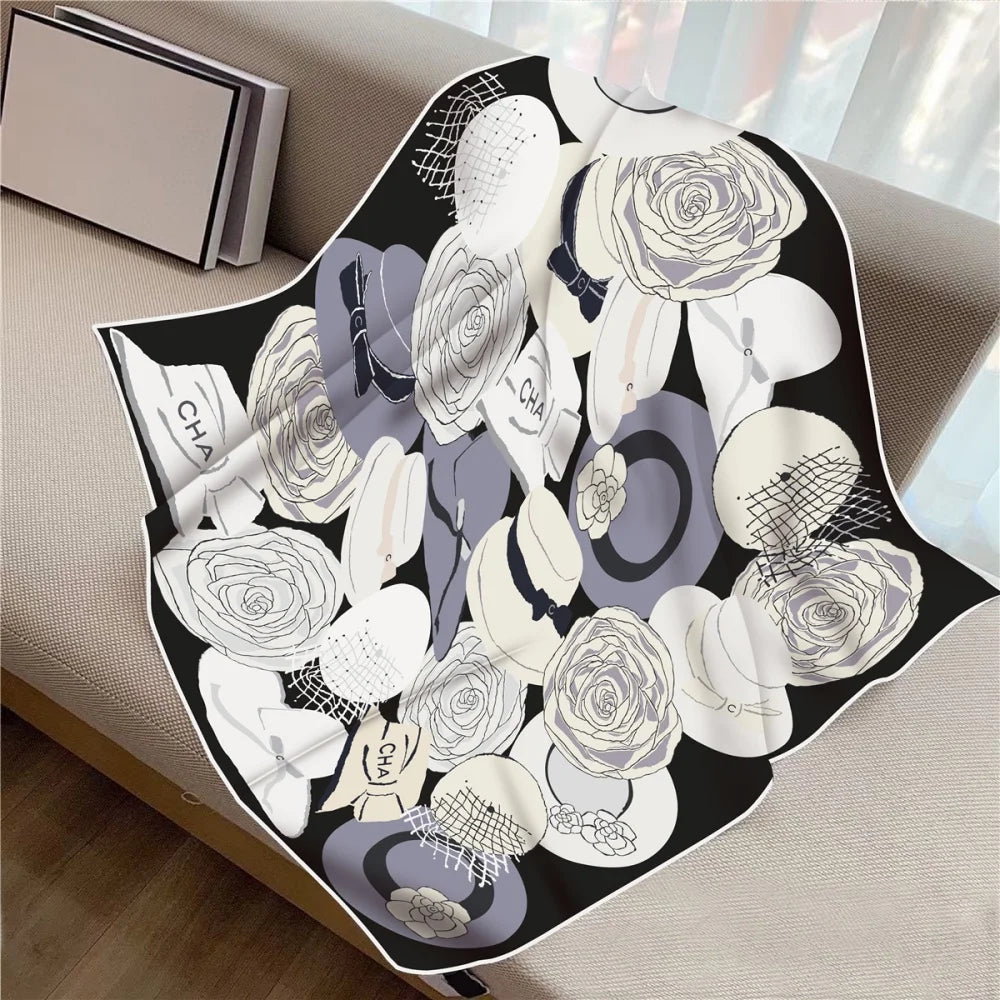 Twill Silk Square Scarf 90 x 90 cm (35.4 in) - Floral & Letter Print Women's Neck Kerchief Wrap