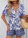 Women's V-Neck Short Sleeve Plant Print Jumpsuit - Summer Casual Romper for Picnics, Parties & Outings