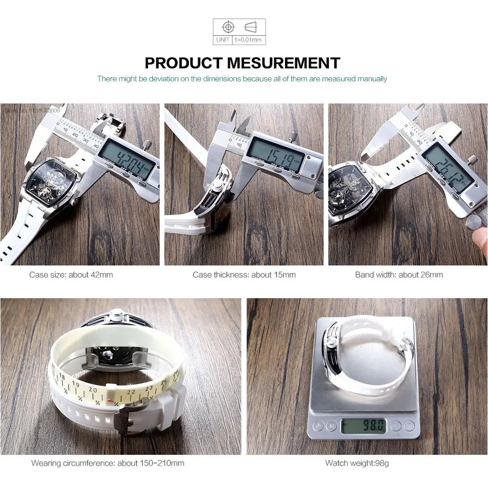 MEGIR Automatic Mechanical Men's Skeleton Watch 40-44mm (1.57-1.73 in) Stainless Steel Tonneau Case Silicone Strap 3ATM Water Resistant