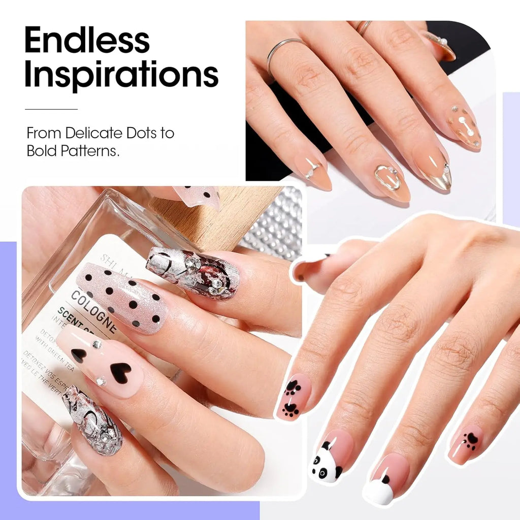 5-in-1 Double-Ended Nail Dotting Pen – 4 Stainless Steel Tips (0.8/1.0/1.6/2.0 mm) + Silicone Head for Chrome, Gradient & Rhinestones