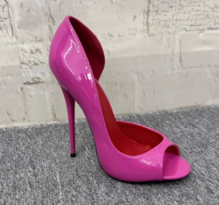 Black Patent Leather Peep-Toe Stiletto Pumps with Red Lining, 12 cm (4.7 in) Heel, Plus Size EU 33-46