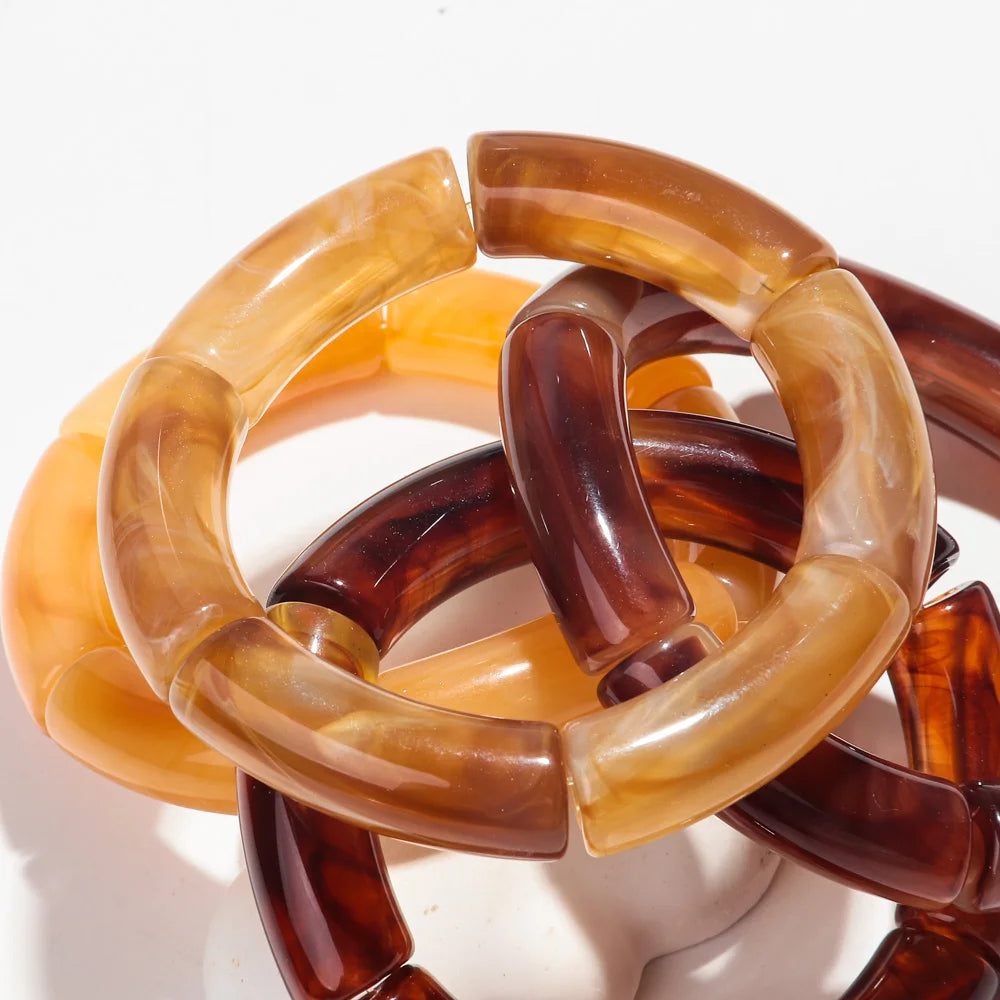 Acrylic Resin Amber Bamboo Bead Bracelet Set - 4-Pack Stretch Beaded Bangles for Women