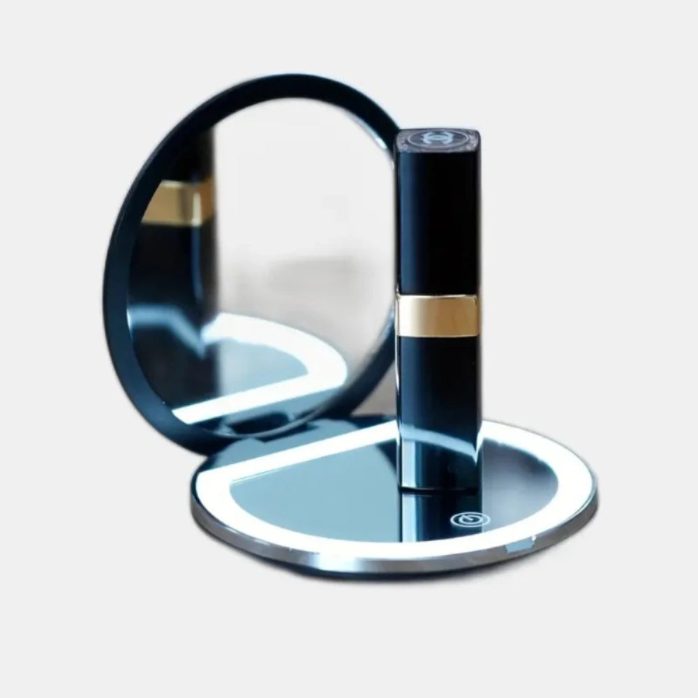 LED Lighted Travel Makeup Mirror – Double-Sided 2x/5x Magnification, Foldable USB Rechargeable Compact Handheld Mirror