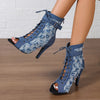 Women's Denim Latin Dance Heeled Sandals - Lace-Up Gladiator, Rubber Sole, 6–8 cm (2.4–3.1 in) Heel
