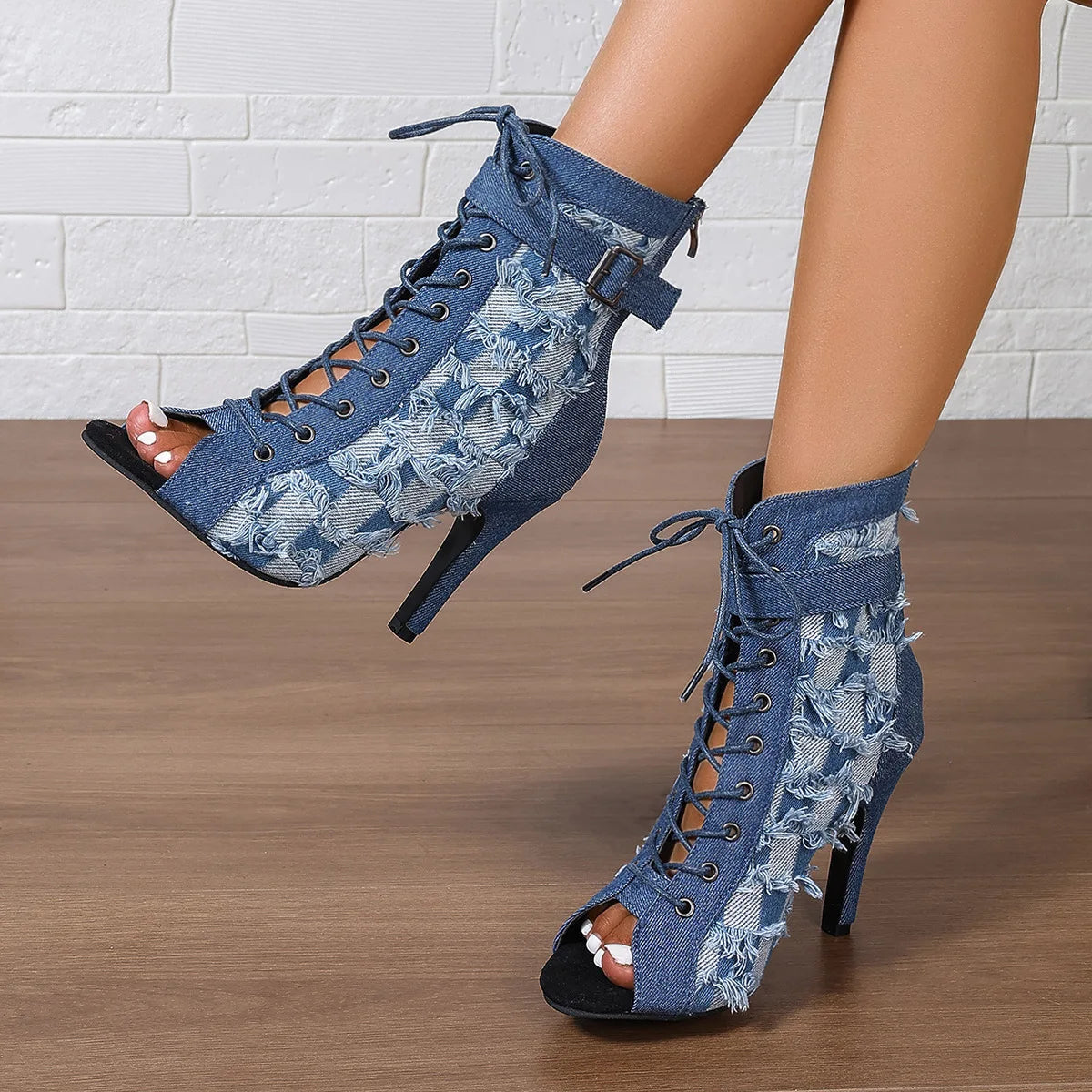 Women's Denim Latin Dance Heeled Sandals - Lace-Up Gladiator, Rubber Sole, 6–8 cm (2.4–3.1 in) Heel