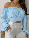 Women's Off Shoulder Bow Chiffon Lantern Sleeve Cropped Slim Printed Blouse