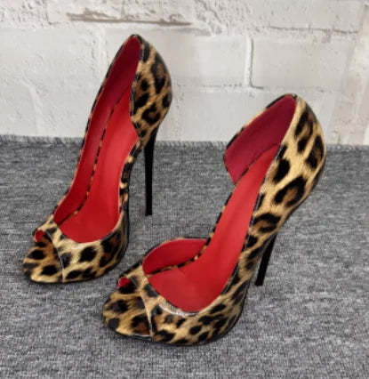 Black Patent Leather Peep-Toe Stiletto Pumps with Red Lining, 12 cm (4.7 in) Heel, Plus Size EU 33-46