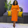 Plus-Size Pleated Mid-Calf Dress with Gradient Petal Three-Quarter Sleeves, V-Neck and Metal Belt