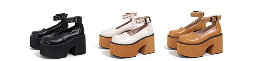 Women's Patent Leather Buckle Loafers – Retro Platform Pumps, 10 cm (3.94 in) Chunky Heel, 4 cm (1.57 in) Platform