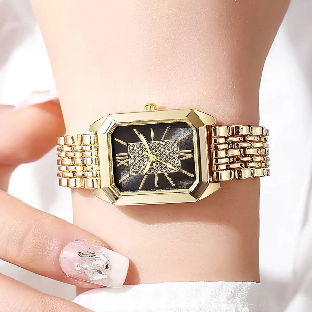 Women's Rectangle Quartz Watch – Stainless Steel Strap, Roman Numeral Dial, Fashion Casual