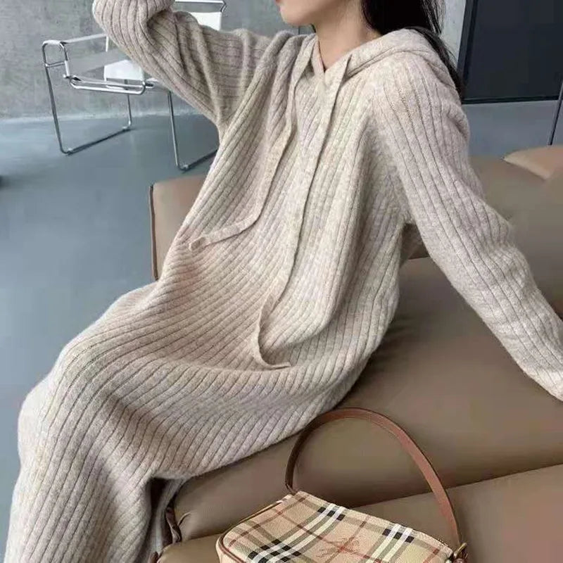 Women's Hooded Knit Sweater Dress - Loose Ankle-Length Pullover, Long Sleeve Autumn/Winter