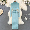 YUOOMUOO Turtleneck Wrap Midi Knit Sweater Dress with Belt - Long Sleeve Bodycon, Autumn/Winter, One Size