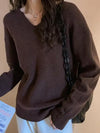 Women's V-Neck Button Knit Pullover - Loose Cashmere-Cotton Sweater for Autumn/Winter