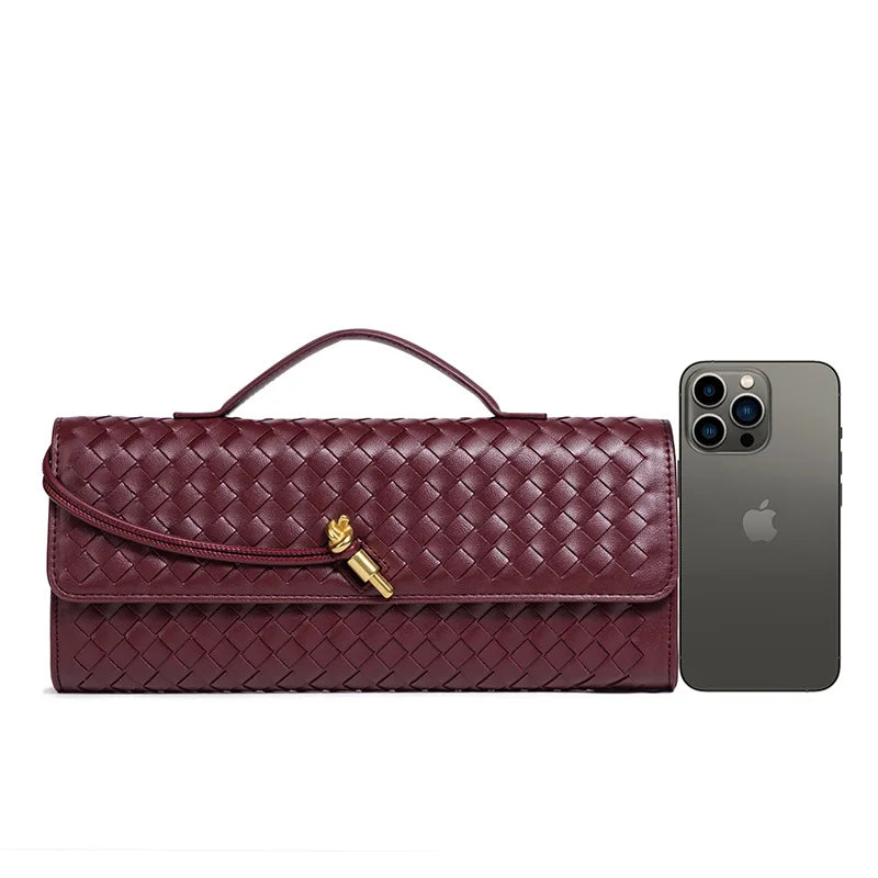 Woven Leather Baguette Shoulder Bag, Genuine Cow Leather Crossbody Handbag for Women