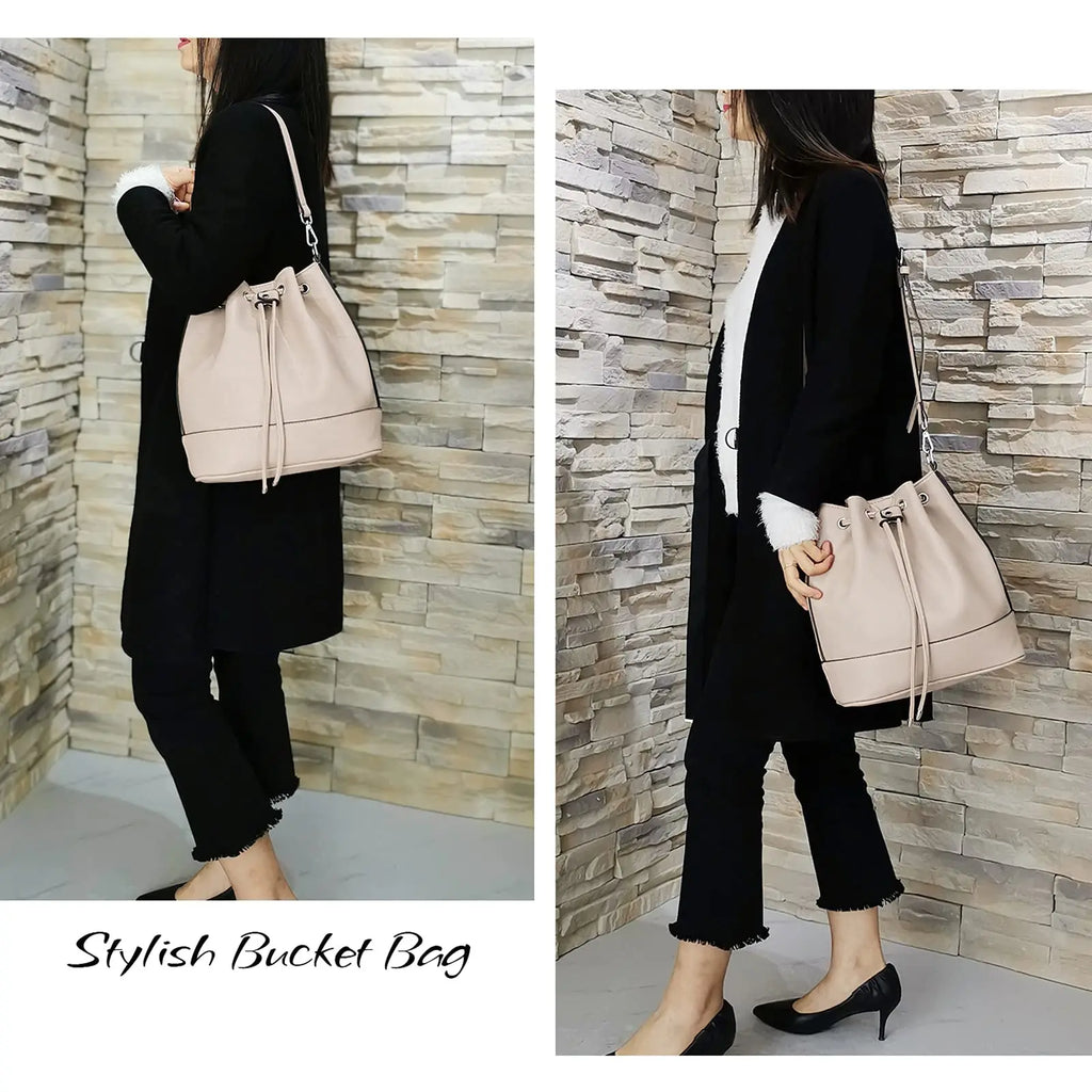 AFKOMST Leather Bucket Bag - Drawstring Crossbody Purse for Women, Medium (9.5 in x 11 in x 5.5 in / 25 x 28 x 14 cm) Hobo Tote with 2 Detachable Shoulder Straps