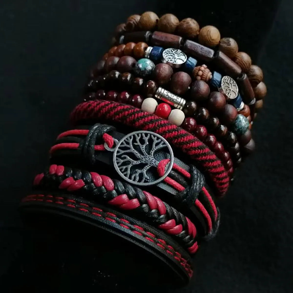 10-Pack Khaki & Black Woven Leather Wrap Bracelets - Handmade Adjustable Unisex