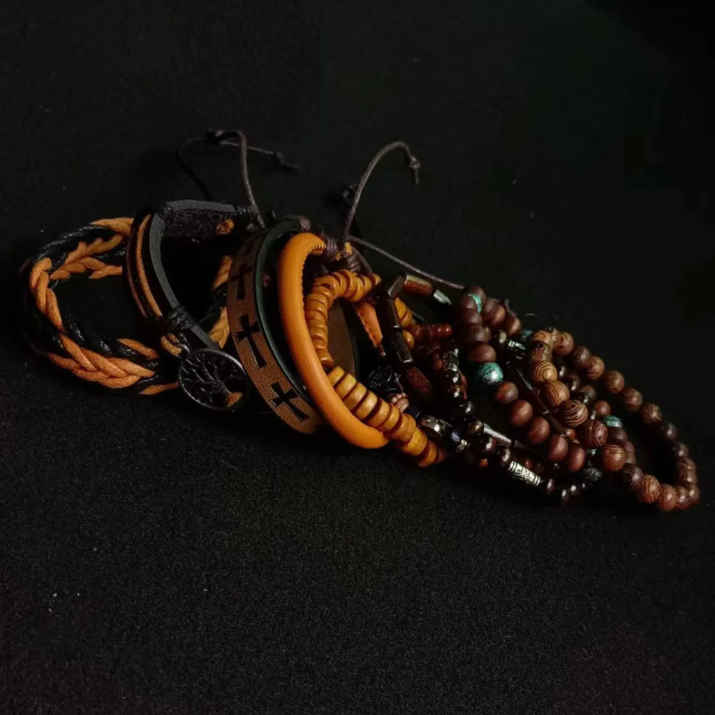 10-Pack Khaki & Black Woven Leather Wrap Bracelets - Handmade Adjustable Unisex