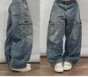 Women's Street Vintage Harajuku Wash Blue Baggy Multi-Pocket Wide-Leg Denim Jeans High Waist