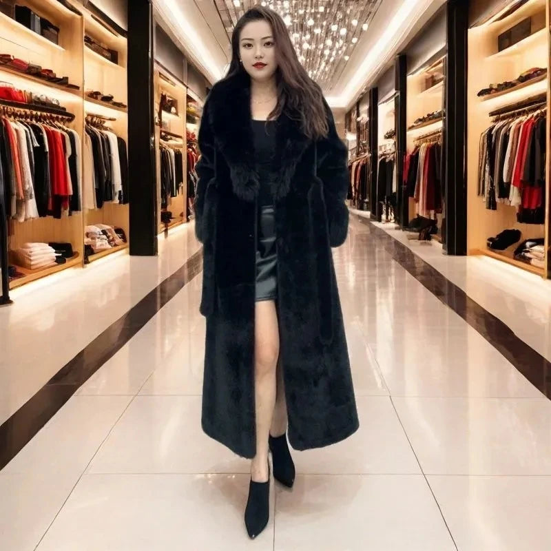 Chic Casual Women's Mid-Length Faux Fur Coat with Plush Collar Thick Warm Winter Parka Overcoat
