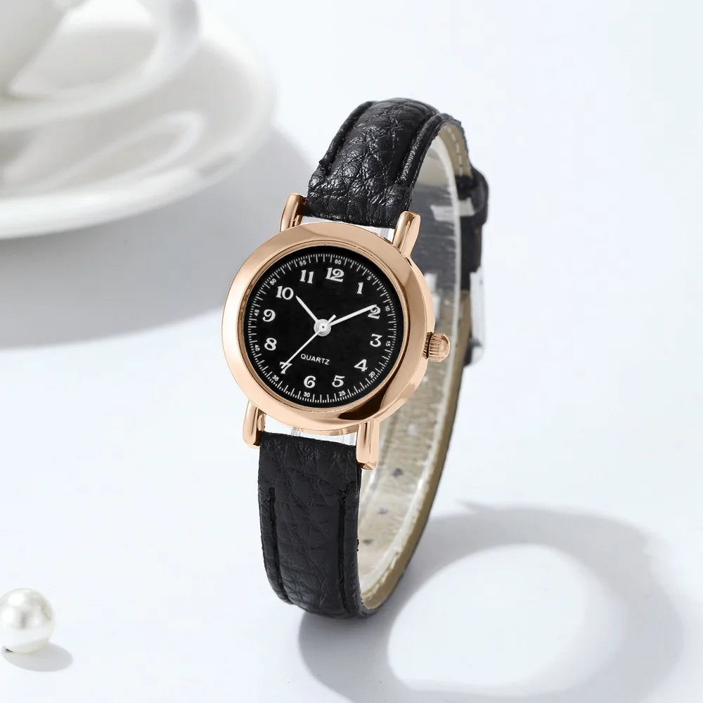 Women's Small 23mm Quartz Watch Leather Strap Arabic Numerals Fashion Wristwatch